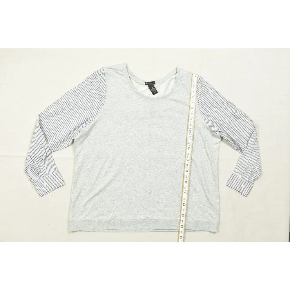 Lane Bryant Women 22/24 Gray Knit Top Striped Woven Long Sleeves Mixed Media
